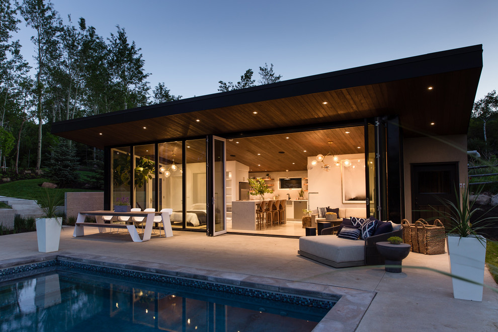 Свежая идея для дизайна: наземный, прямоугольный бассейн среднего размера в стиле модернизм с домиком у бассейна - отличное фото интерьера