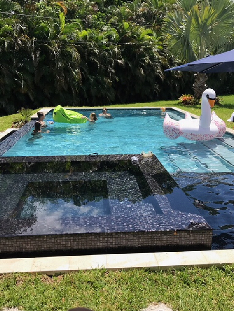Idee per una grande piscina moderna rettangolare dietro casa con una vasca idromassaggio