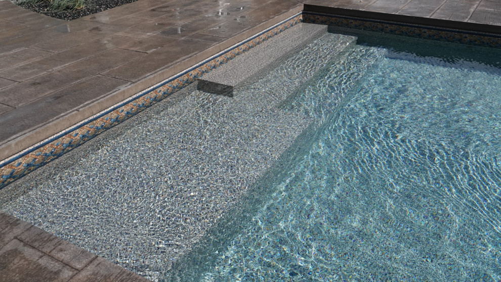 Idee per una piscina moderna rettangolare di medie dimensioni e dietro casa con cemento stampato
