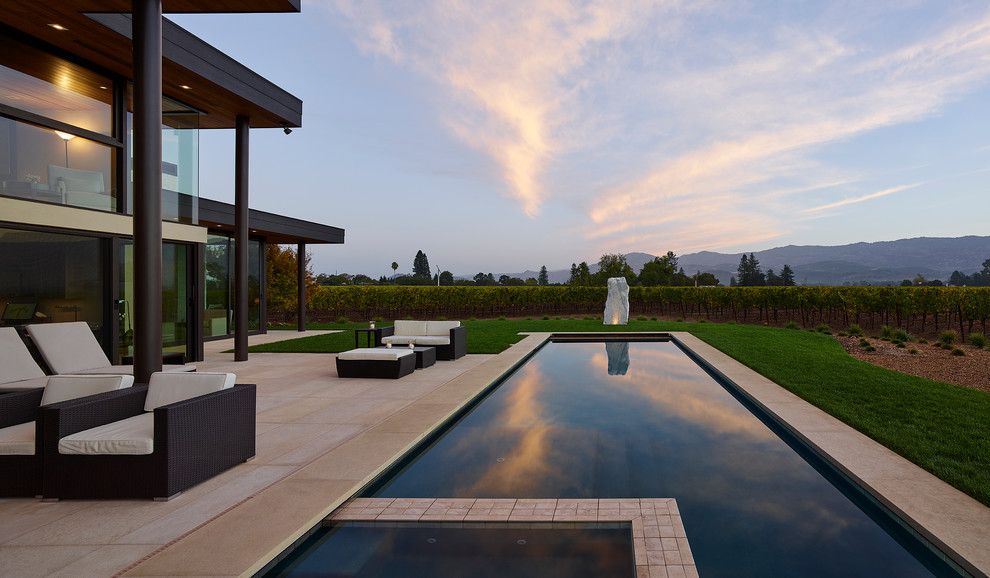 Esempio di una grande piscina naturale minimalista rettangolare dietro casa con una vasca idromassaggio e lastre di cemento
