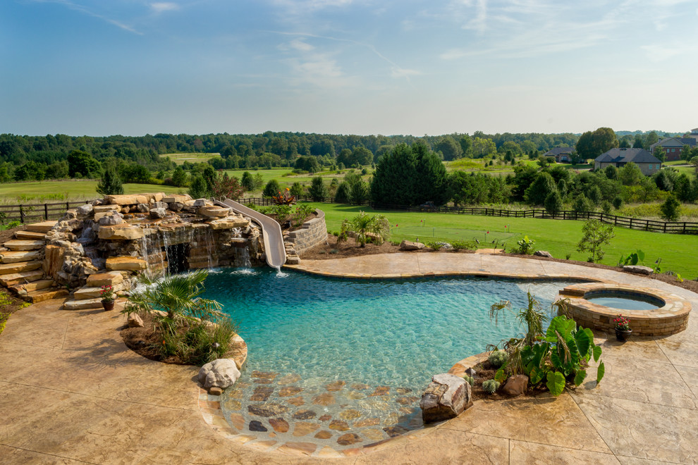 This is an example of an expansive rustic back custom shaped natural swimming pool in Atlanta with a water slide and stamped concrete.