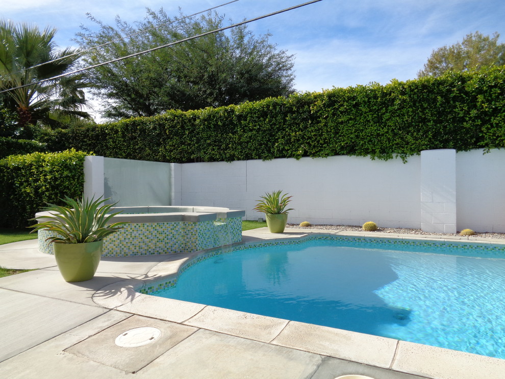 Imagen de piscina con fuente natural vintage extra grande a medida en patio trasero con losas de hormigón