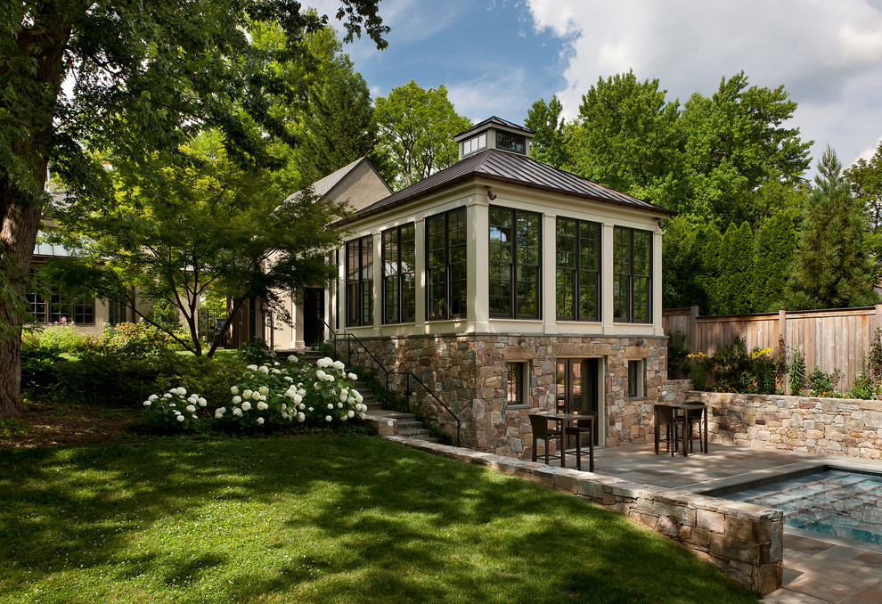 Pool house - transitional backyard stone and rectangular pool house idea in DC Metro