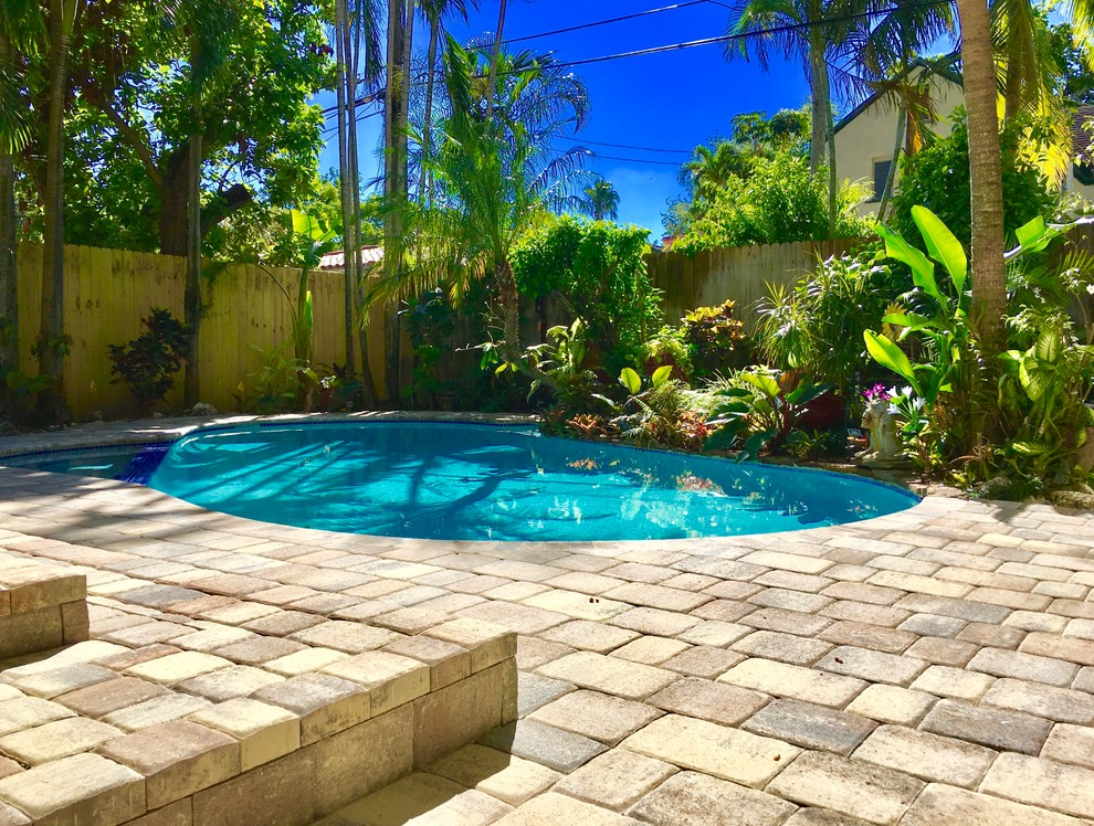 Photo of a large traditional back kidney-shaped lengths swimming pool in Miami with brick paving.