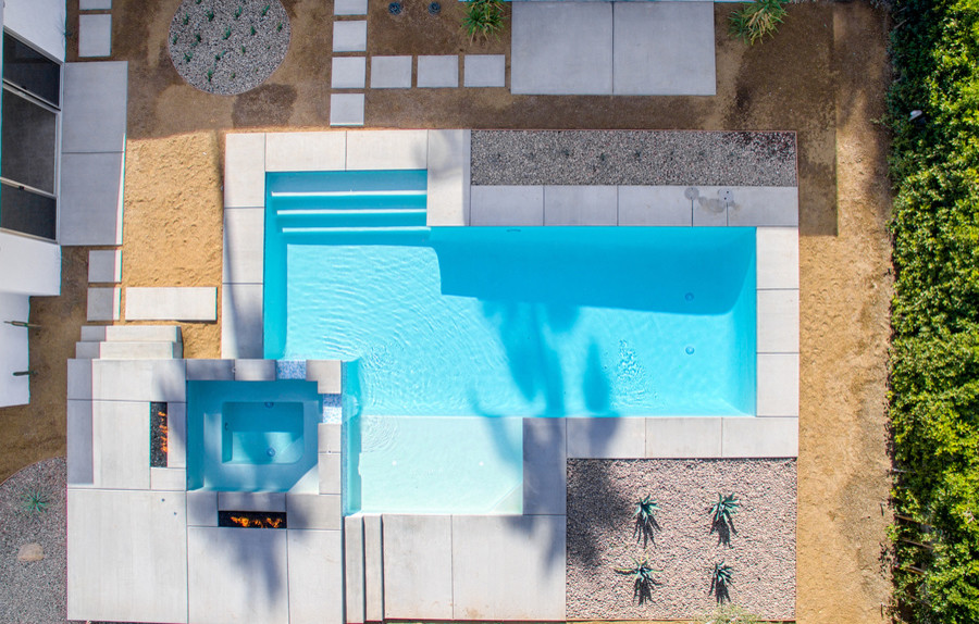 Modelo de piscina natural retro grande a medida en patio trasero con losas de hormigón