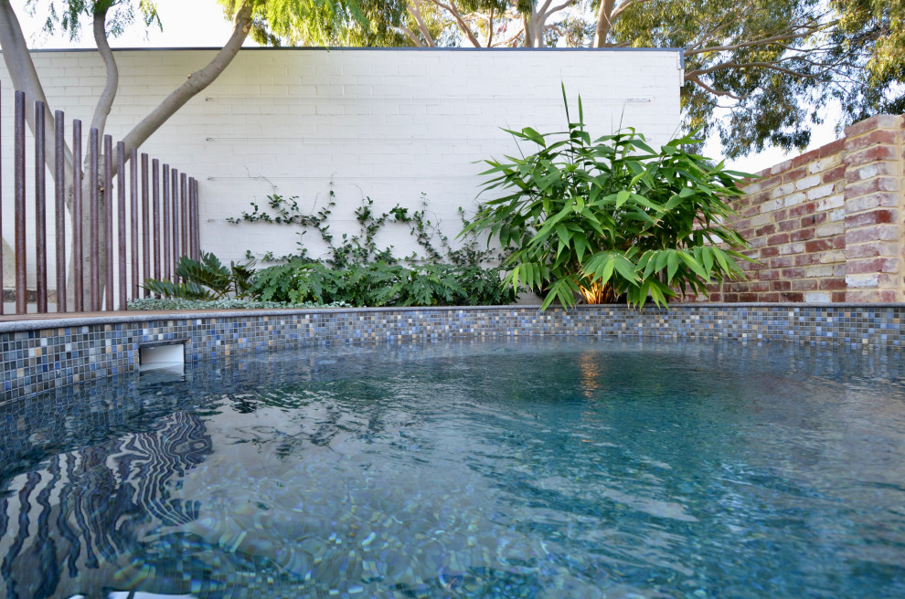 Diseño de piscina elevada moderna pequeña redondeada en patio trasero con paisajismo de piscina y suelo de baldosas
