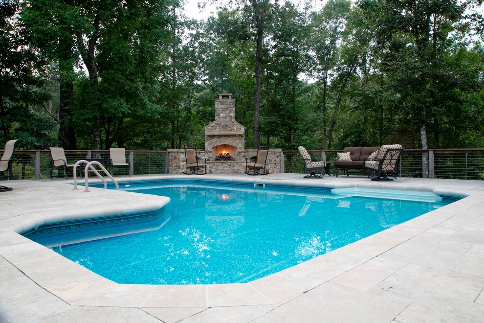 Mountain Brook, AL Liner Pool with Travertine Pavers & Outdoor Fireplace Swimming Pool & Hot