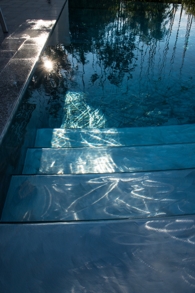 Идея дизайна: прямоугольный бассейн-инфинити на заднем дворе в стиле модернизм