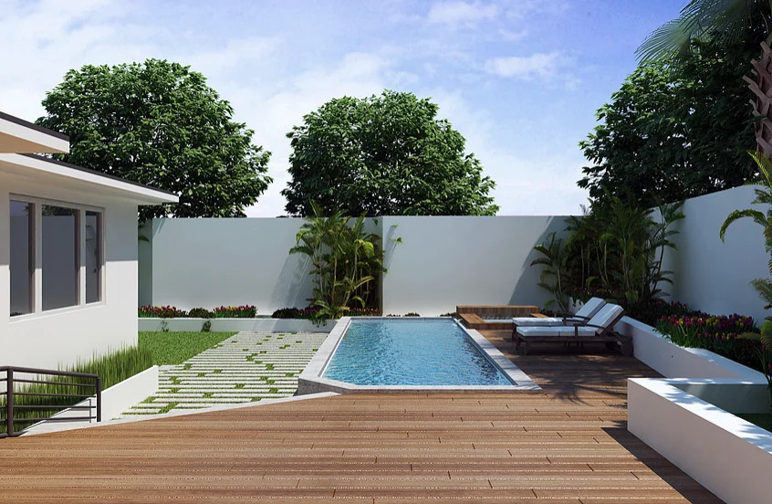 Источник вдохновения для домашнего уюта: наземный, прямоугольный бассейн среднего размера на заднем дворе в современном стиле с настилом