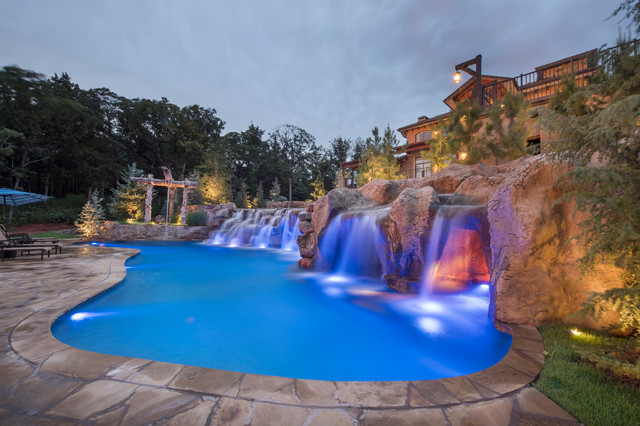 Multi-Level Pool with Rope Swing, Sunken Fire Pit, Waterfalls & Swim Up Bar  - Transitional - Pool - Oklahoma City - by CAVINESS LANDSCAPE DESIGN, INC.