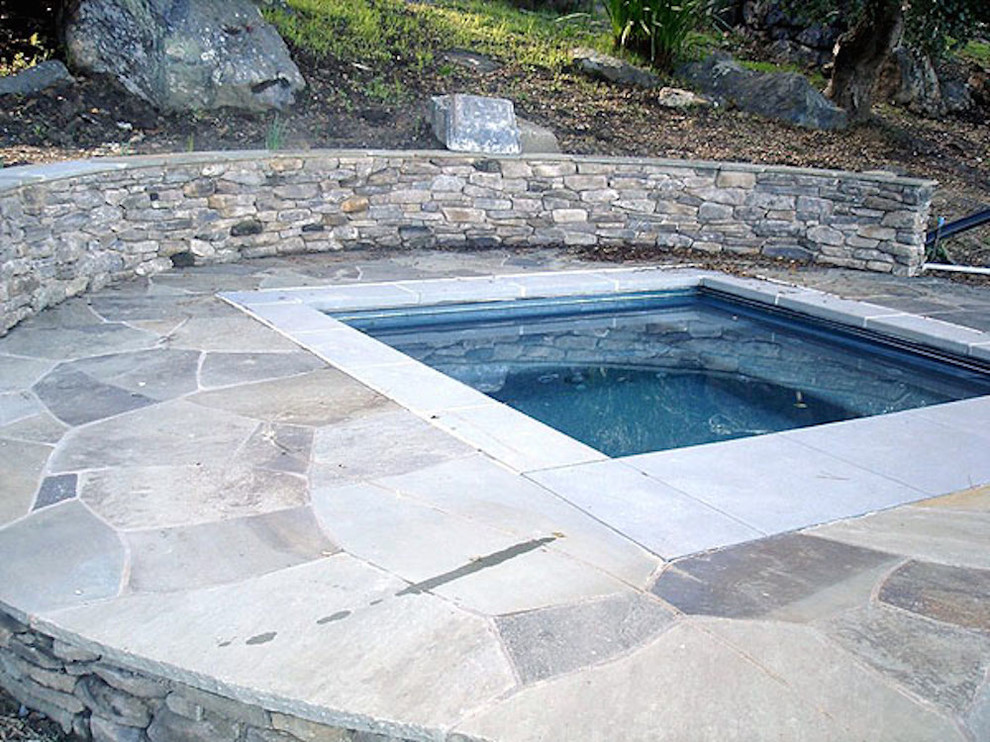 Esempio di una piccola piscina tradizionale rettangolare dietro casa con una vasca idromassaggio e pavimentazioni in cemento