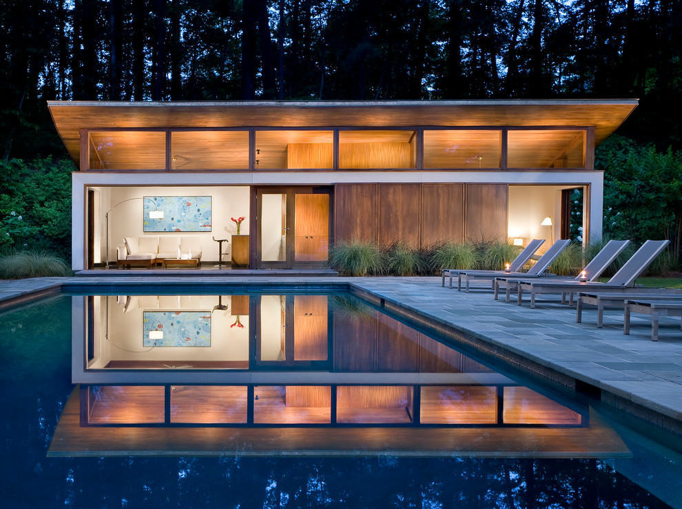 Стильный дизайн: большой прямоугольный, естественный бассейн на заднем дворе в стиле модернизм с домиком у бассейна и покрытием из каменной брусчатки - последний тренд