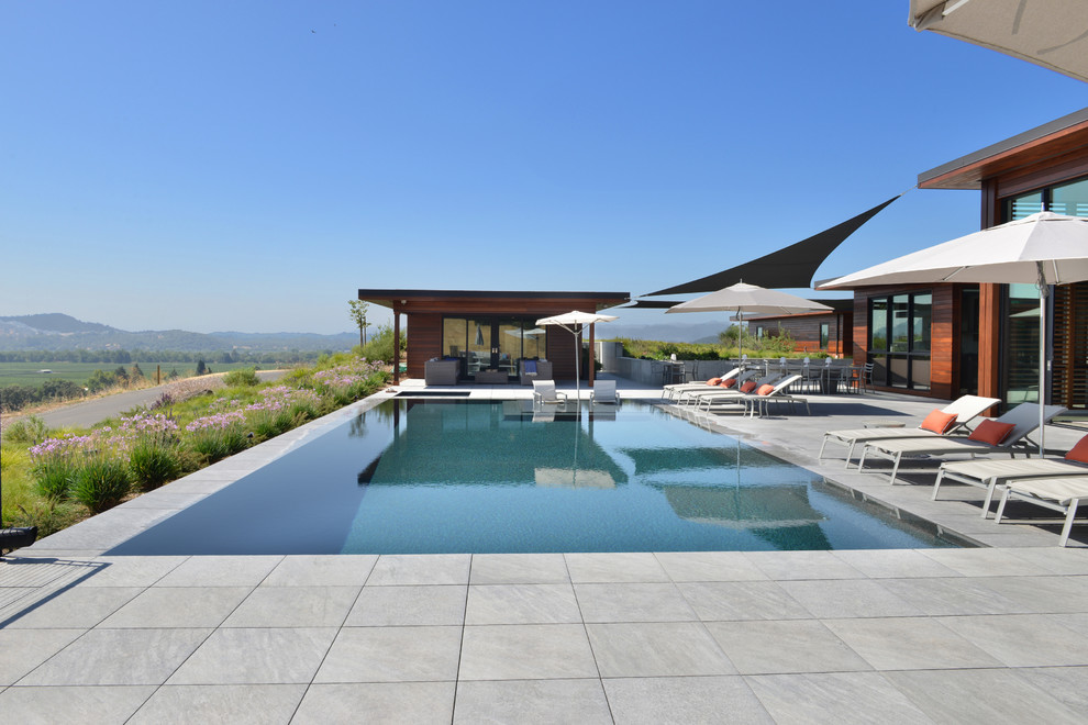 Идея дизайна: большой прямоугольный бассейн-инфинити в современном стиле с домиком у бассейна