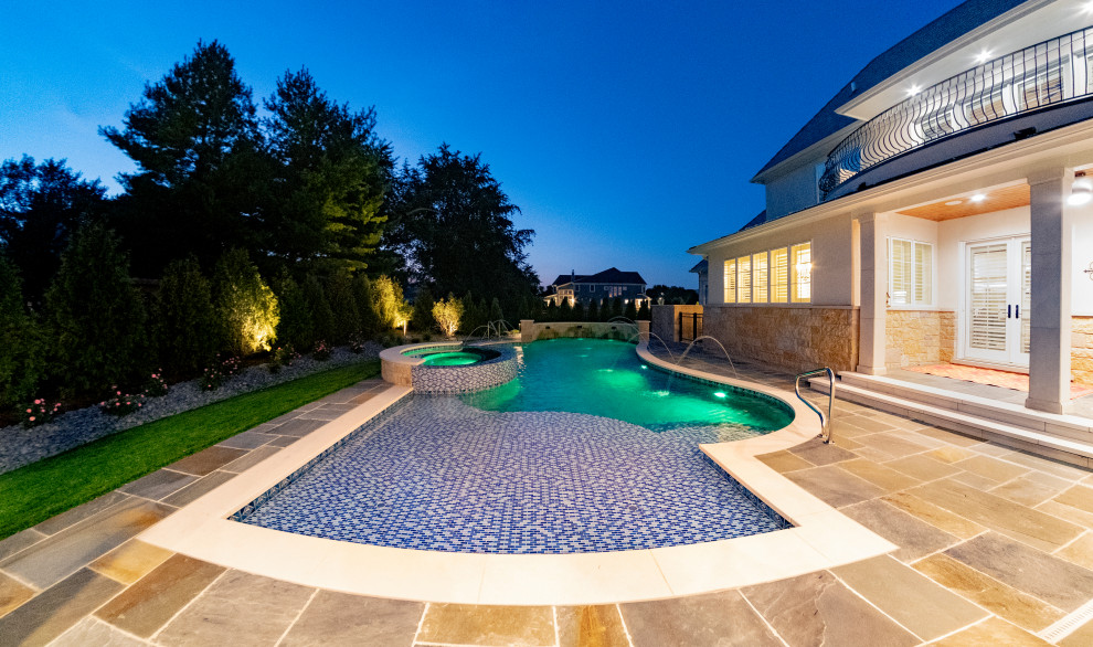 Design ideas for a medium sized modern back custom shaped natural swimming pool in Chicago with with pool landscaping and natural stone paving.