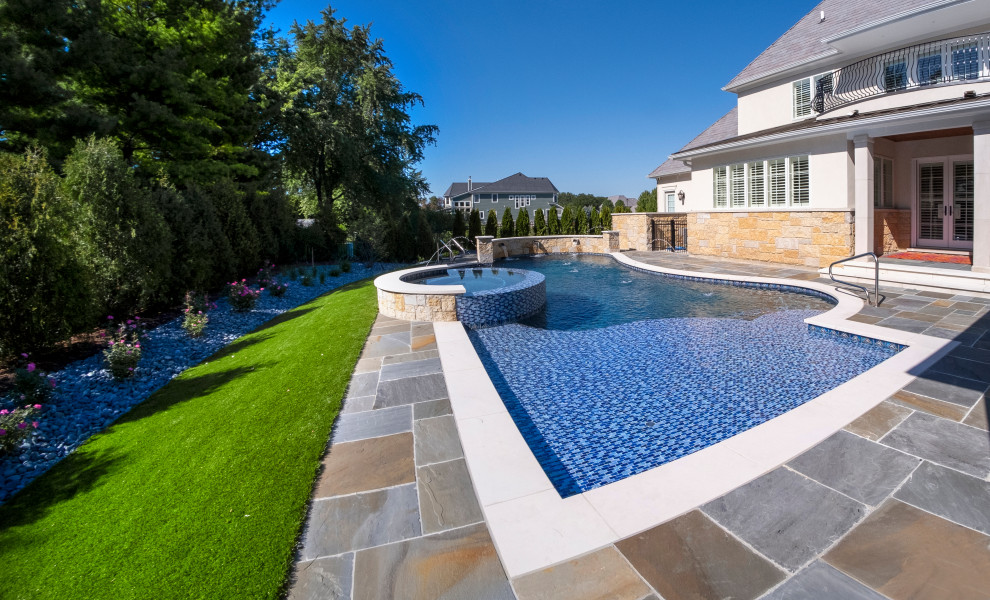 Naperville Il Freeform Swimming Pool With Hot Tub Large Sunshelf