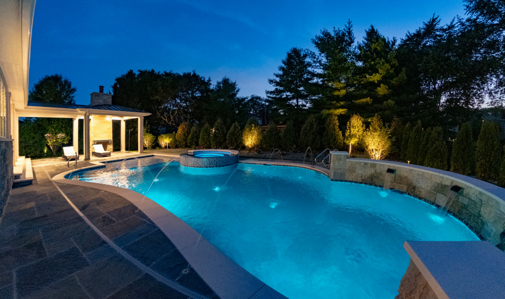 Naperville Il Freeform Swimming Pool With Hot Tub Large Sunshelf