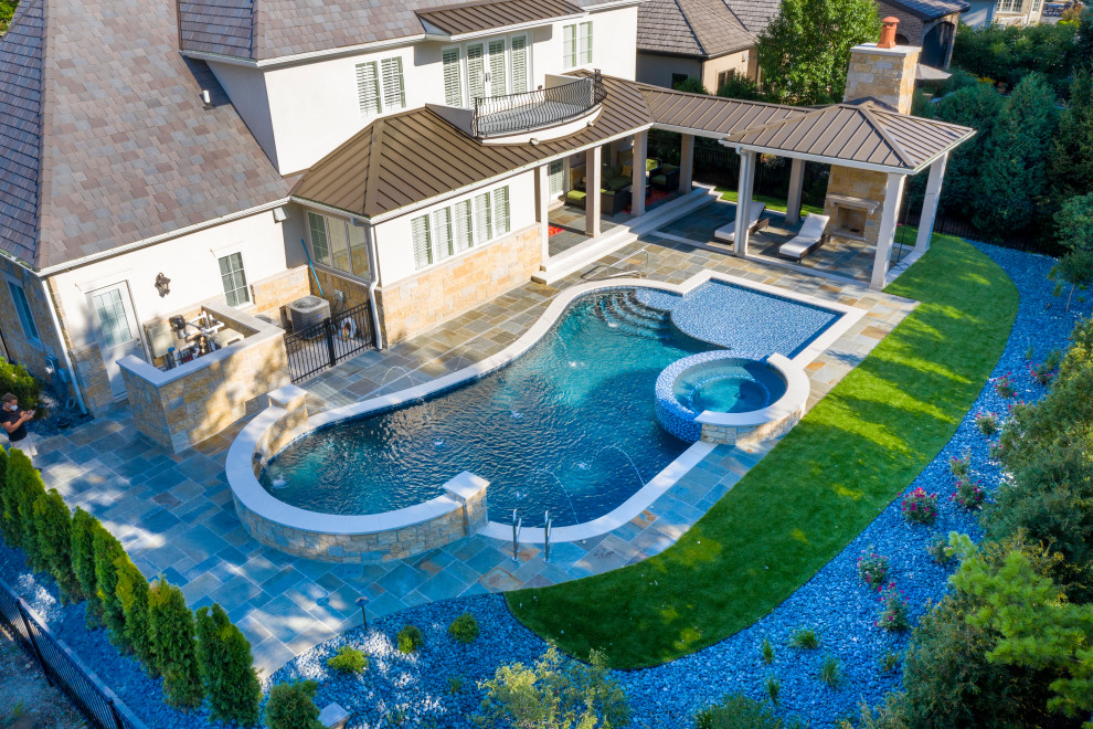 Naperville Il Freeform Swimming Pool With Hot Tub Large Sunshelf