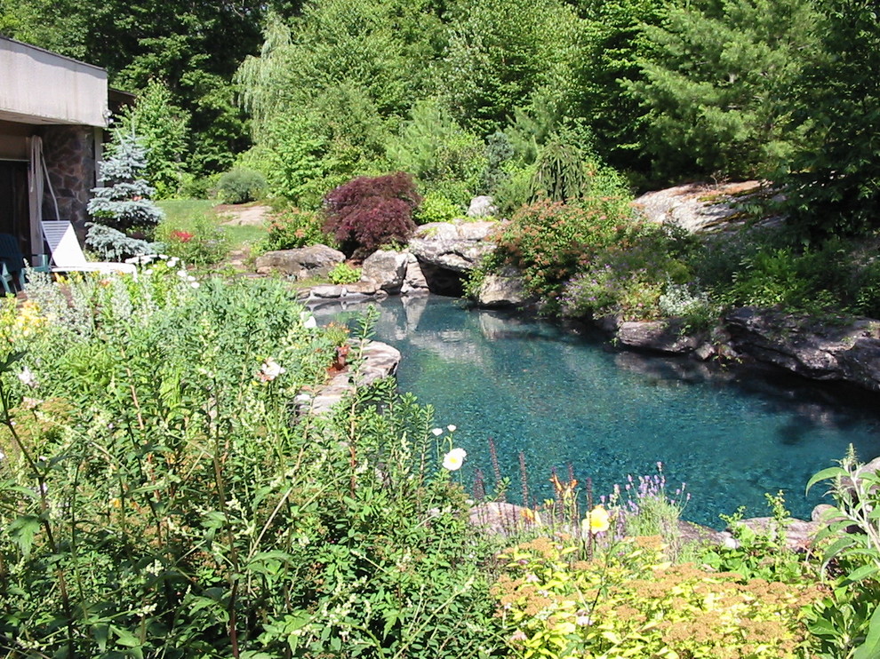 Ejemplo de piscina natural rural de tamaño medio a medida en patio trasero con adoquines de ladrillo
