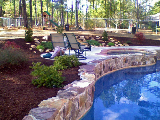 Idee per una grande piscina naturale stile americano personalizzata dietro casa con una vasca idromassaggio e pavimentazioni in pietra naturale
