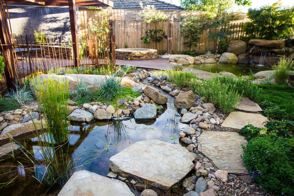 Esempio di una piscina naturale personalizzata dietro casa e di medie dimensioni con pedane e paesaggistica bordo piscina