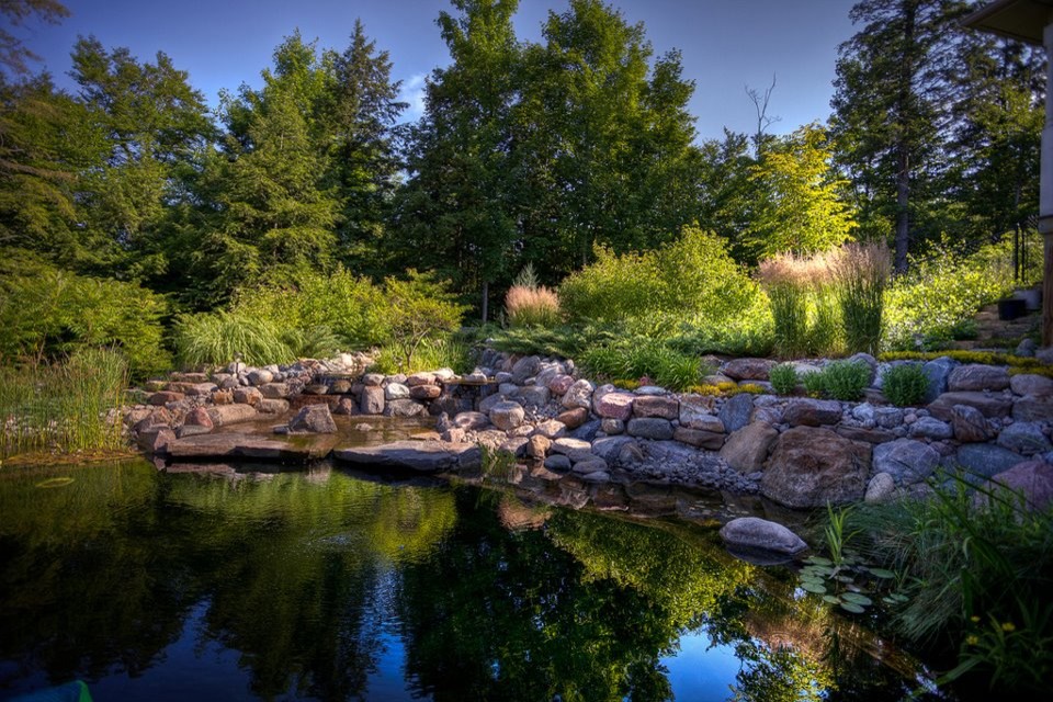 Exemple d'une piscine naturelle et arrière tendance de taille moyenne et sur mesure avec un point d'eau et des pavés en pierre naturelle.