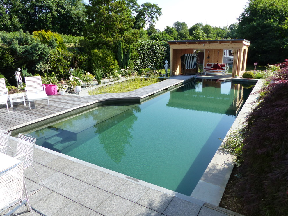 Ejemplo de casa de la piscina y piscina natural tradicional de tamaño medio en forma de L en patio trasero con adoquines de hormigón