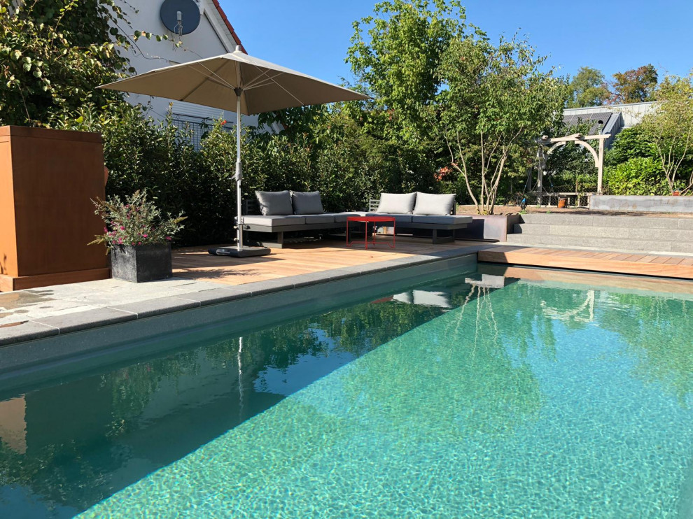 Imagen de piscina natural minimalista de tamaño medio rectangular en patio lateral