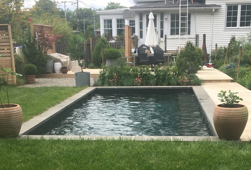 Esempio di una piccola piscina chic rettangolare dietro casa con pavimentazioni in pietra naturale