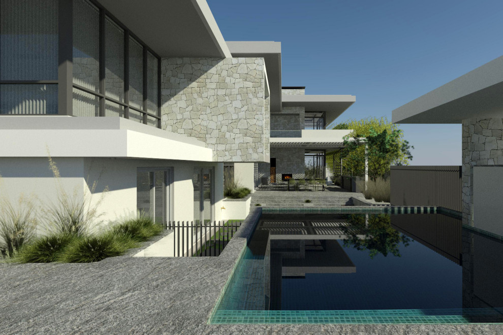 Imagen de piscina elevada costera grande rectangular en patio lateral con paisajismo de piscina y adoquines de piedra natural