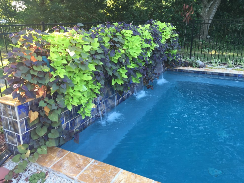На фото: маленький естественный, прямоугольный бассейн на заднем дворе в современном стиле с фонтаном и настилом для на участке и в саду