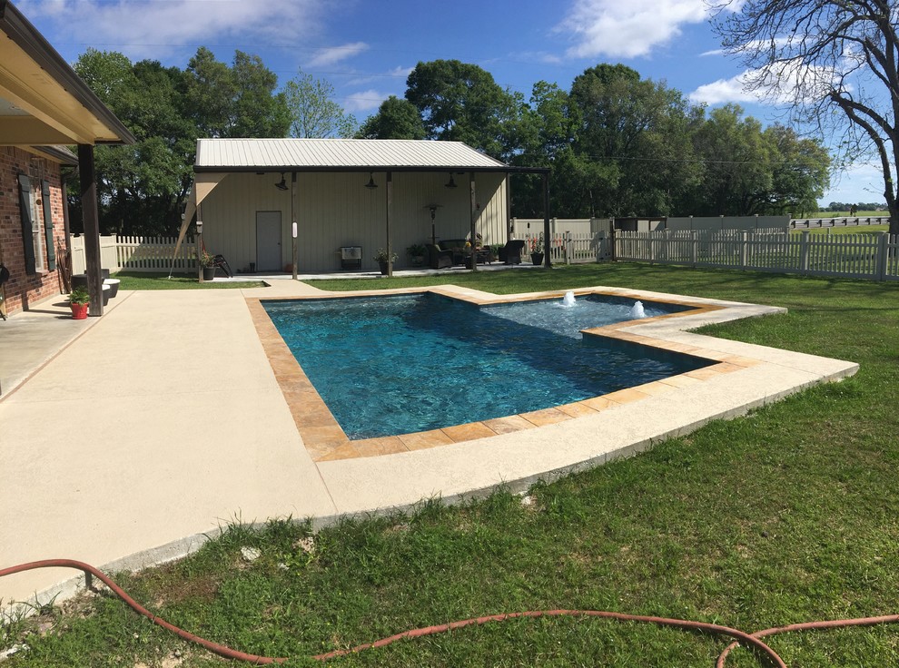 Imagen de piscina natural actual de tamaño medio rectangular en patio trasero con entablado