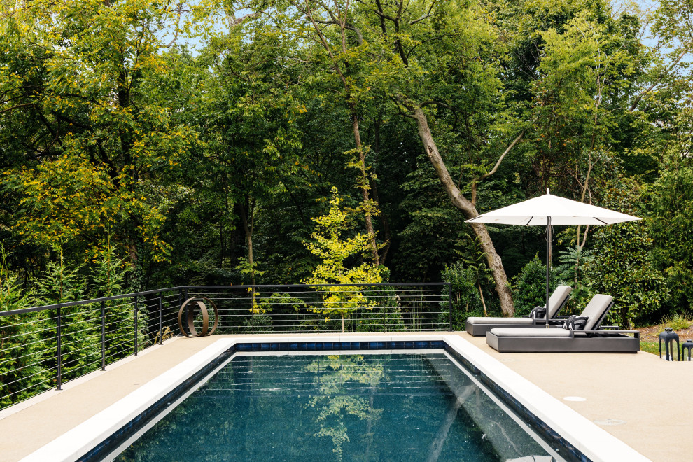 Foto de piscina alargada vintage de tamaño medio rectangular en patio trasero con losas de hormigón
