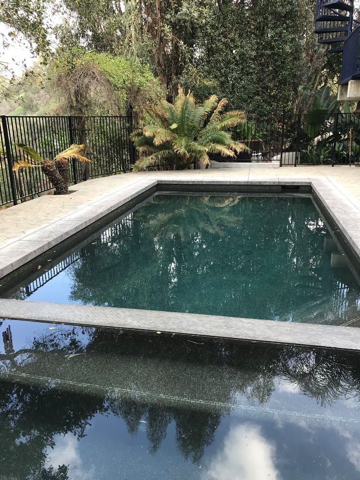 Idee per una piscina monocorsia eclettica rettangolare di medie dimensioni e dietro casa con una vasca idromassaggio e cemento stampato