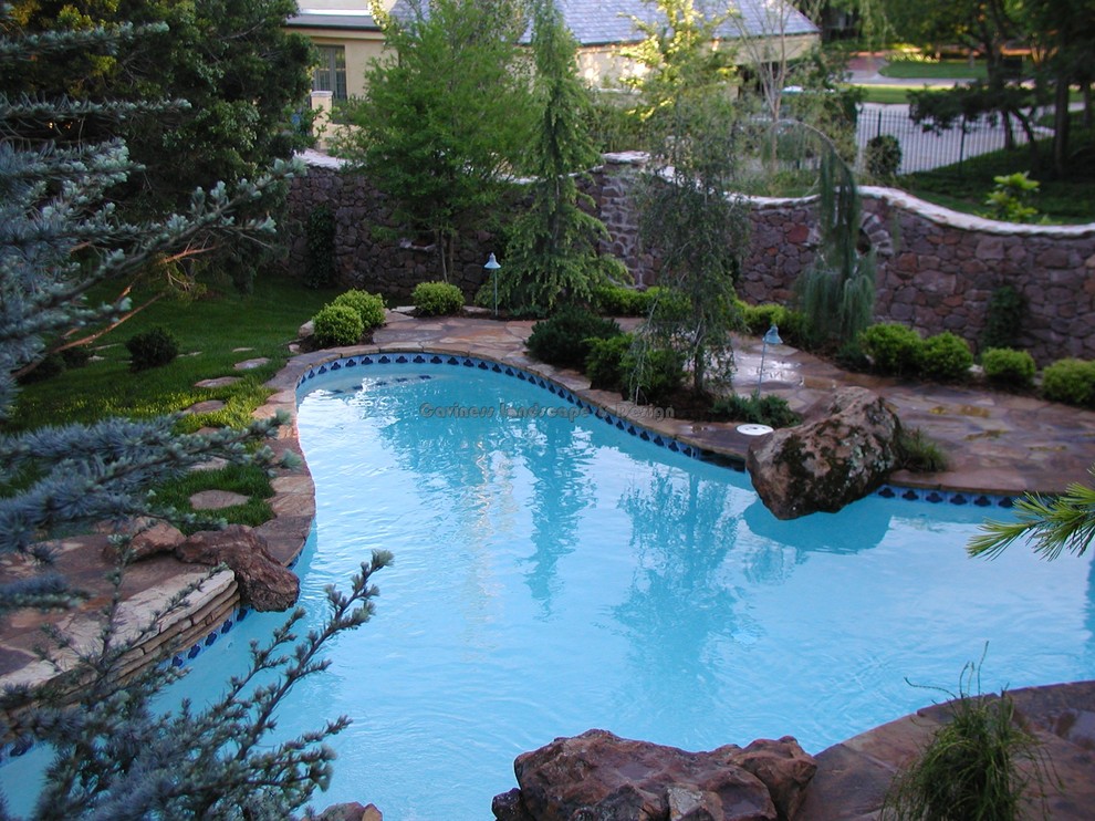 Photo of a small bohemian back custom shaped natural swimming pool in Oklahoma City with natural stone paving.