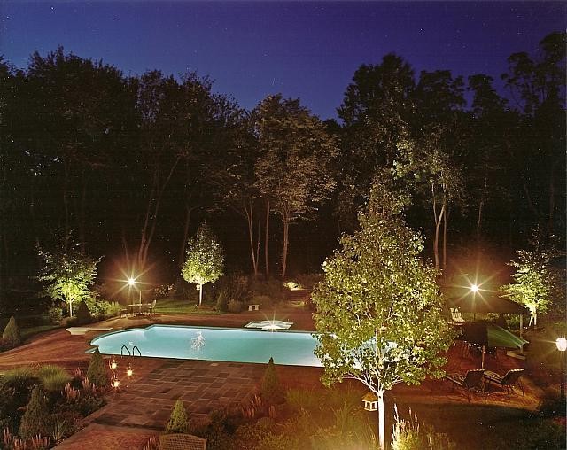 Modelo de piscinas y jacuzzis alargados clásicos grandes a medida en patio trasero con adoquines de ladrillo