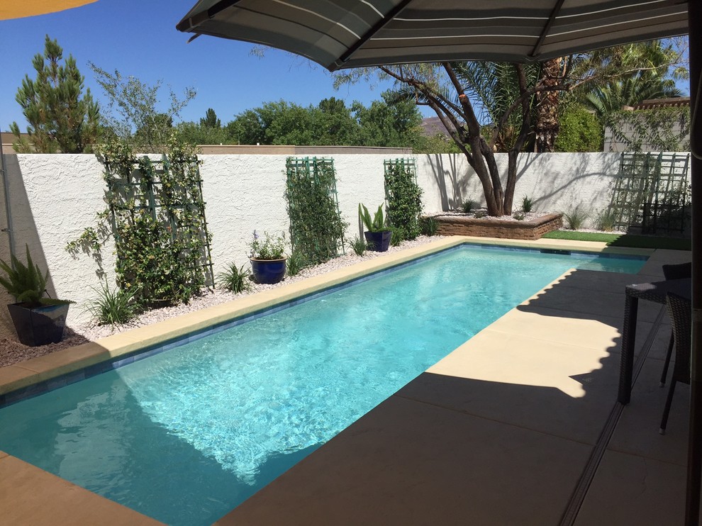 Modelo de piscina alargada tradicional de tamaño medio en forma de L en patio trasero con losas de hormigón