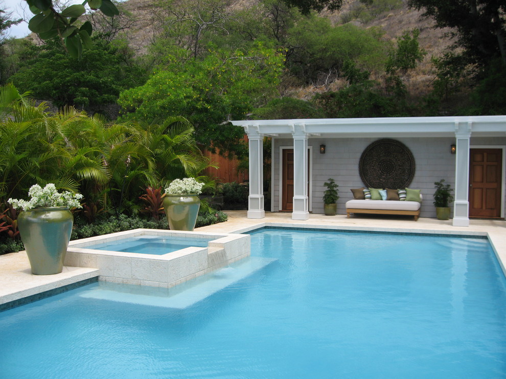 Modelo de piscinas y jacuzzis alargados tropicales grandes rectangulares en patio trasero con adoquines de hormigón