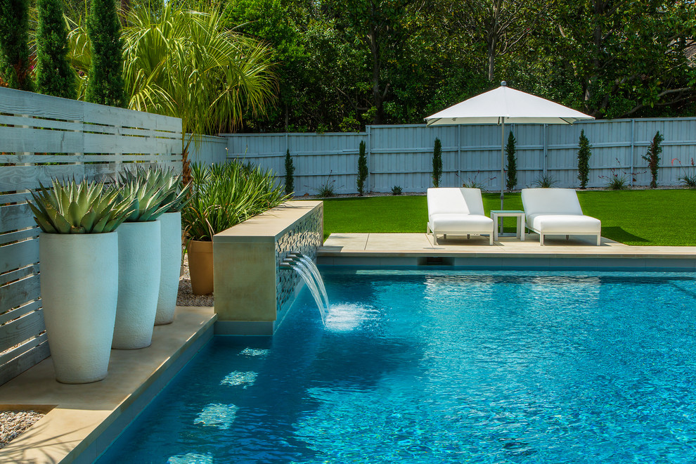 Diseño de piscina con fuente minimalista de tamaño medio rectangular en patio trasero