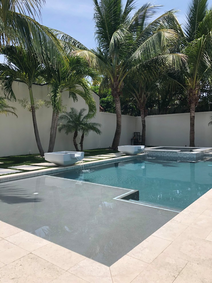 Стильный дизайн: естественный бассейн среднего размера, произвольной формы на заднем дворе в стиле модернизм с джакузи и покрытием из бетонных плит - последний тренд