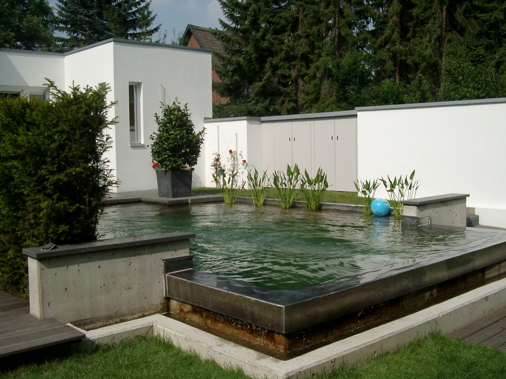 This is an example of a contemporary back custom shaped natural swimming pool in Dusseldorf.