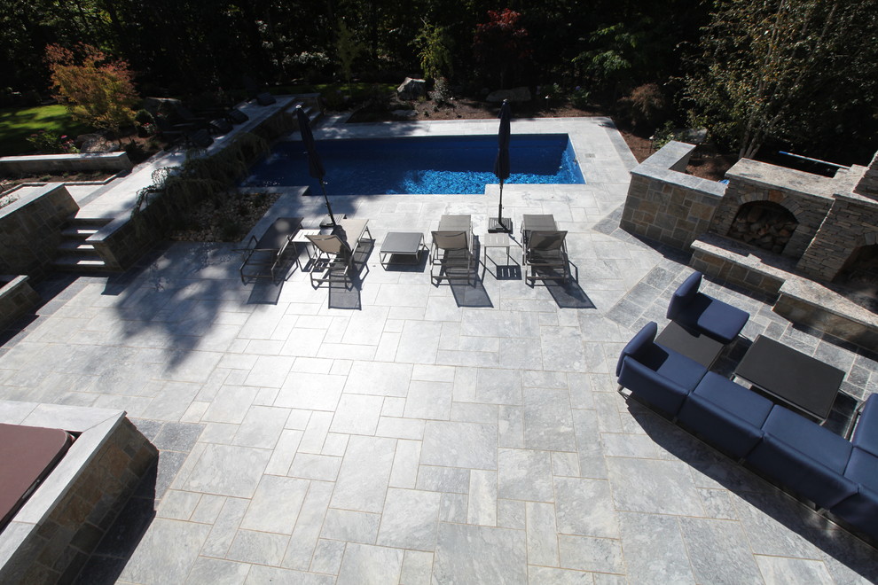 Pool - large transitional backyard rectangular lap pool idea in Bridgeport