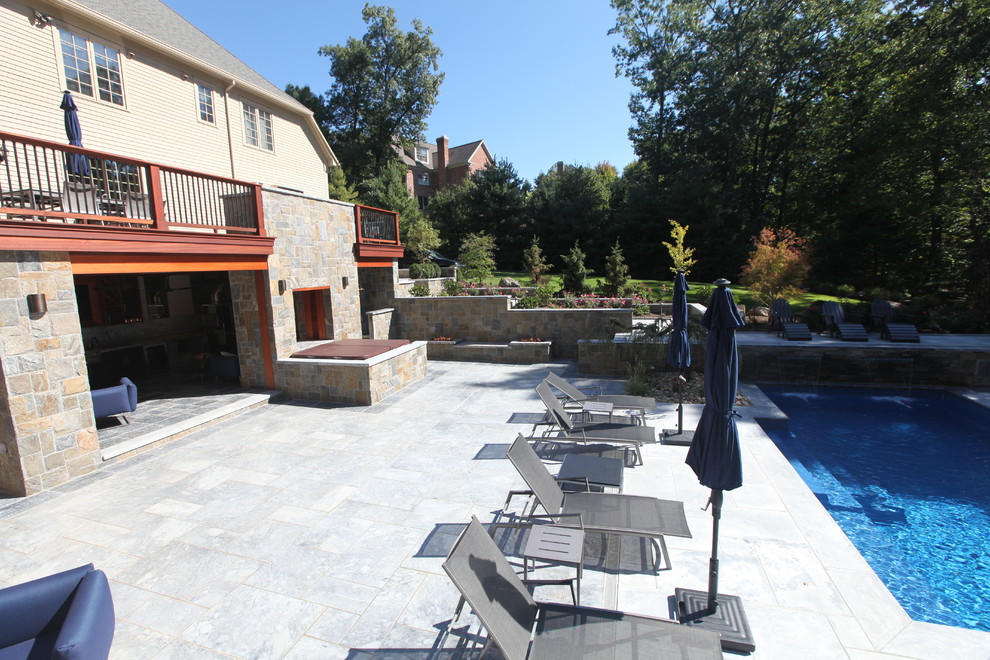 Modelo de piscina alargada clásica renovada grande rectangular en patio trasero