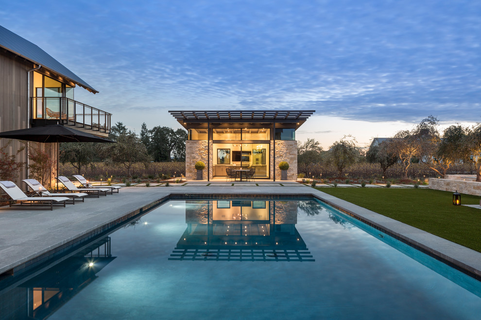 Immagine di un'ampia piscina monocorsia contemporanea rettangolare dietro casa con una dépendance a bordo piscina e pavimentazioni in pietra naturale