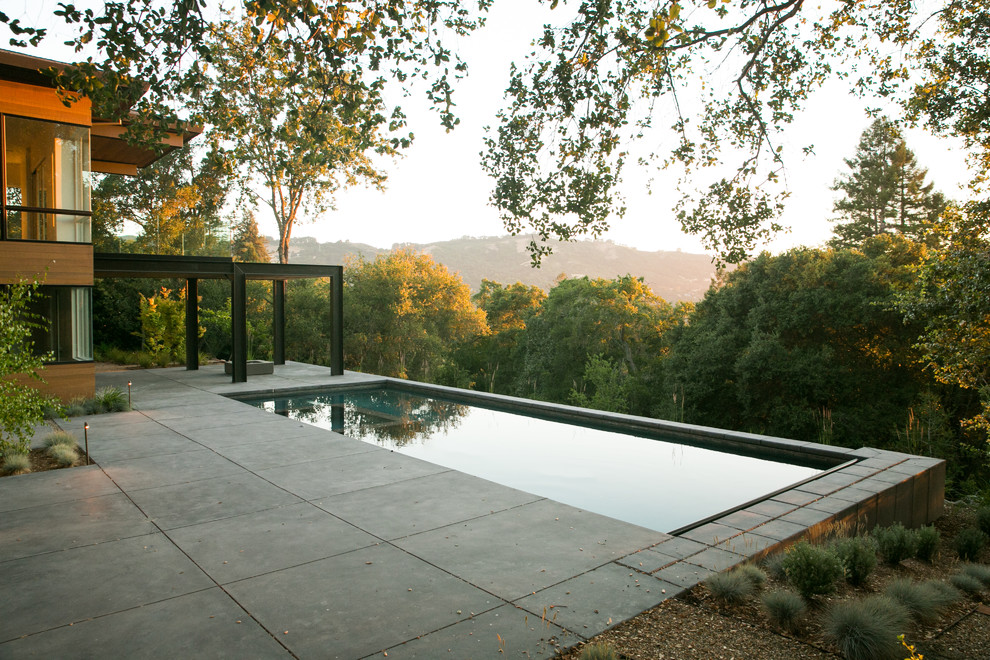 Modelo de piscina alargada contemporánea rectangular en patio trasero con losas de hormigón