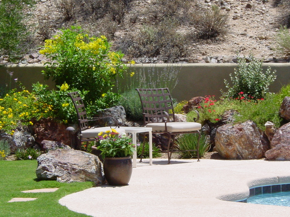 Cette photo montre une piscine arrière tendance en forme de haricot de taille moyenne avec un point d'eau et une dalle de béton.