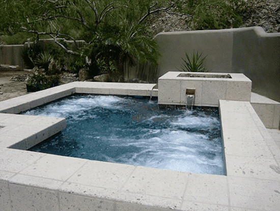 Идея дизайна: большой естественный, прямоугольный бассейн на заднем дворе в стиле модернизм с джакузи и мощением тротуарной плиткой