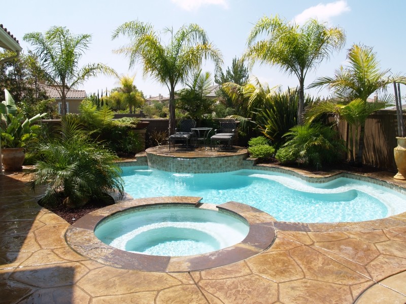 Imagen de piscinas y jacuzzis naturales pequeños a medida en patio trasero con suelo de hormigón estampado