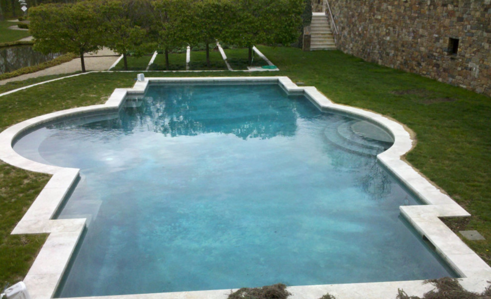 На фото: большой естественный бассейн произвольной формы на заднем дворе в классическом стиле с покрытием из каменной брусчатки