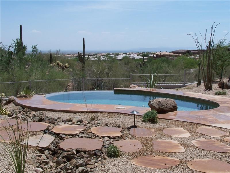 Ejemplo de piscina infinita tradicional de tamaño medio tipo riñón en patio trasero con adoquines de piedra natural