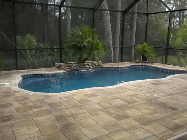 Modelo de piscina natural tropical pequeña a medida en patio trasero con adoquines de piedra natural
